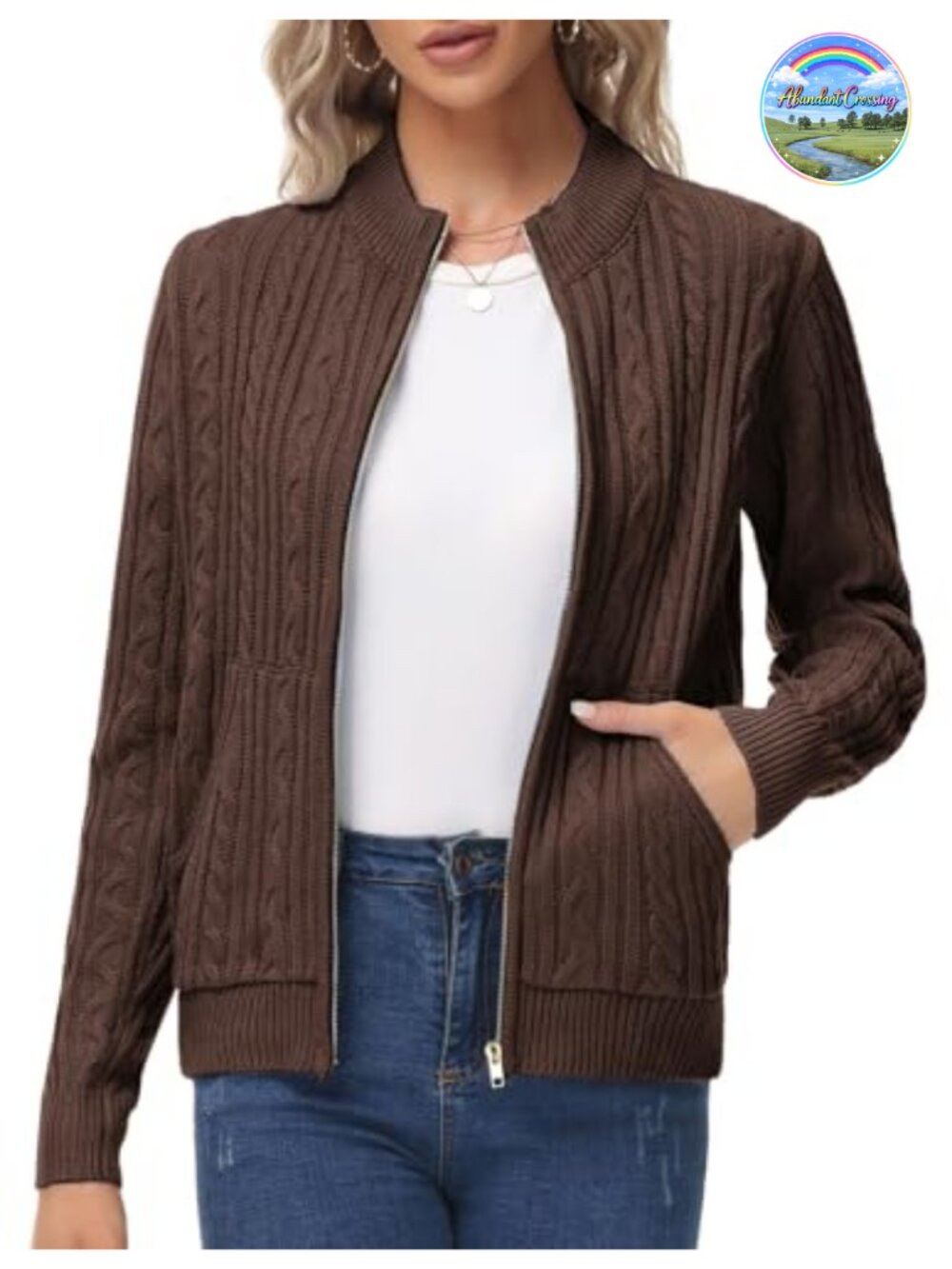 Chunky Cable Knit Zip Up Cardigan with Pockets, Stand-Up Collar